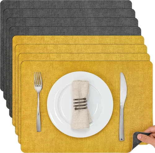 Miniatura 49 de Myir JUN Juego de 6 manteles individuales de doble cara, de piel sintética, para interiores, para mesa de comedor, exteriores, cuadrados, Negro