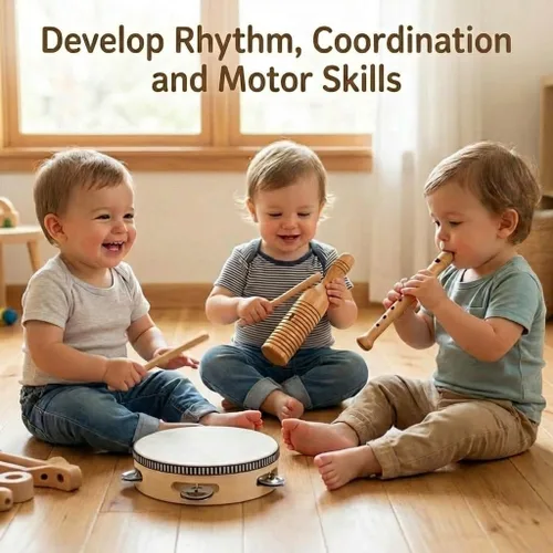 Miniatura 14 de Stoie's Instrumentos musicales de madera para niños pequeños con tambor, flauta, campanas de mano, platillos, castañuelas, triángulo, para bebés