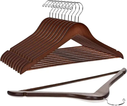 Miniatura 12 de Perchas de madera de calidad – Juego de 20 perchas ligeramente curvadas – Perchas de madera maciza con elegantes ganchos cromados – Ropa resistente