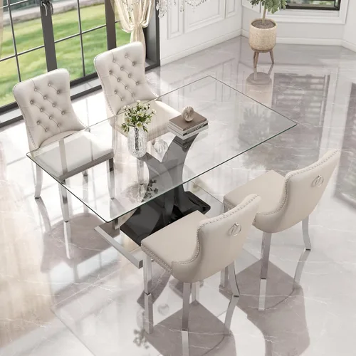 Miniatura 2 de Juego de comedor moderno de vidrio de lujo de 5 piezas, juego de cena rectangular minimalista grande para 4, juego de mesa de cocina de vidrio
