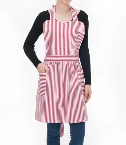 Miniatura 2 de Love Potato Delantales de algodón para mujer con bolsillos, delantales de rayas suaves, perfectos para cocina, hornear y jardinería Rojo