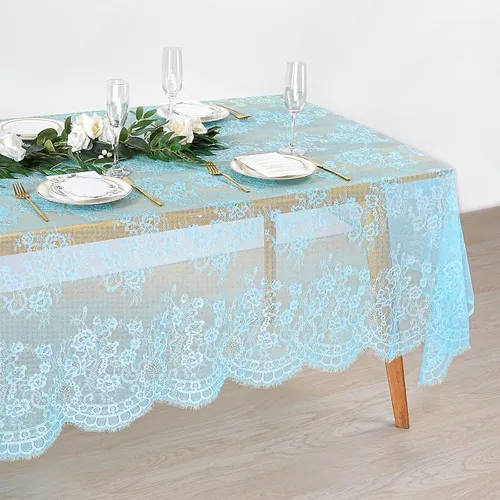 Miniatura 9 de Fanqisi Mantel de encaje azul de 5 piezas de 60 x 120 pulgadas, manteles de encaje clásico para boda, cubierta de mesa de fiesta para despedida