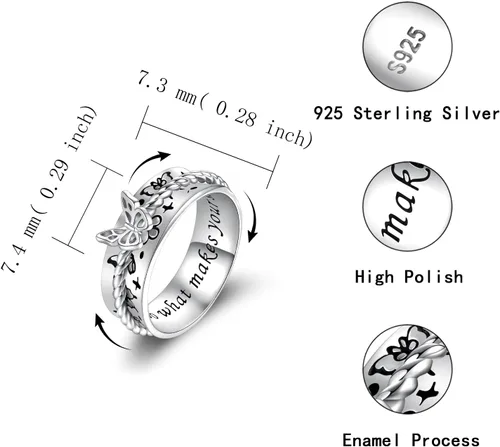 Miniatura 4 de Anillo giratorio de libélula y mariposa Sariel 925 de plata de ley, anillo antiansiedad, anillos giratorios para aliviar el estrés para mujeres