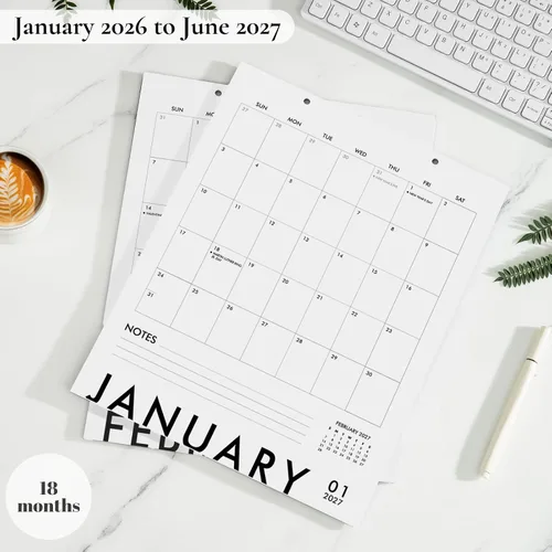 Miniatura 4 de Calendario magnético vertical en blanco y negro para refrigerador 2026-2027, 13.5 x 11 pulgadas, calendario minimalista de 18 meses para nevera