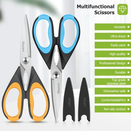 Miniatura 7 de iBayam - Tijeras de cocina, paquete de 2 tijeras de cocina resistentes de 9 pulgadas, aptas para lavavajillas, tijeras de alimentos multiusos