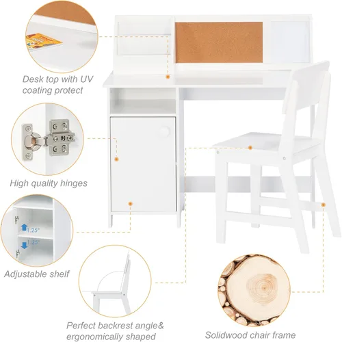 Miniatura 5 de UTEX Escritorio de estudio para niños con silla, juegos de escritorio y sillas con gabinete para 3-8, mesa de estudio para niños de madera, mesa