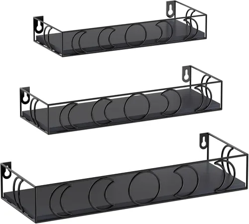 Estantes de Pared con Fases Lunares Negros, Paquete de 3 Estantes Flotantes Pequeños para Libros y Plantas para Dormitorio, Habitación Infantil,
