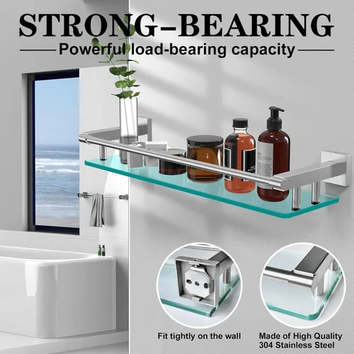 Miniatura 5 de Estante de vidrio de 20 pulgadas para baño, estantes de vidrio de níquel cepillado para pared con barandilla de acero inoxidable suave, estante