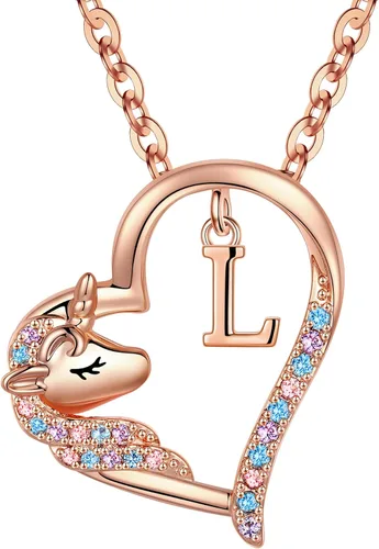 Miniatura 51 de Anoup Collar con inicial de unicornio, chapado en oro de 14 quilates, hipoalergénico con circonita cúbica, colgante de diamante simulado, joyería