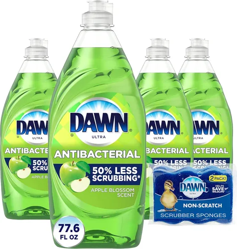 Dawn Jabón para platos, jabón de manos antibacteriano, líquido para lavar platos, aroma a flor de manzana, 19.4 onzas, paquete de 4 + 2 esponjas