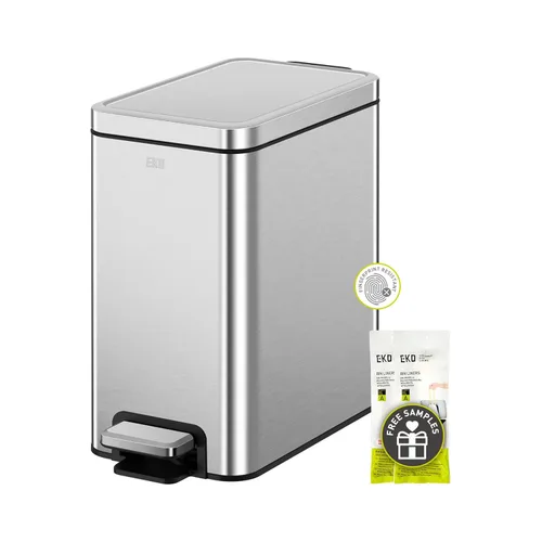 Miniatura 11 de EKO Cubo de basura pequeño para baño con tapa, cierre suave, pedal escalonado, cubo de basura de acero inoxidable de 10 litros/2.6 galones con cubo