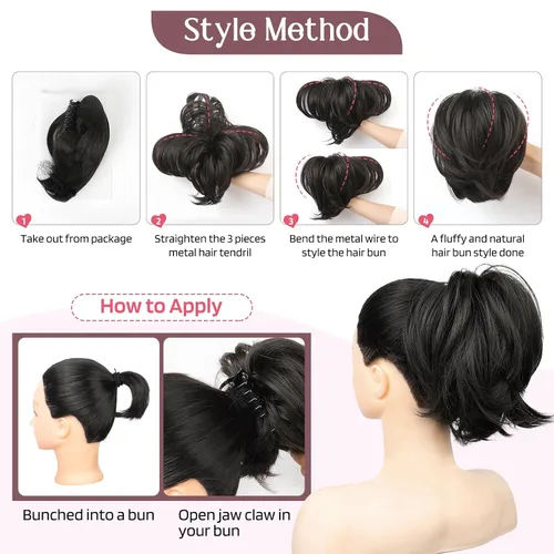 Miniatura 6 de HOOJIH - Pieza de cabello con moño desordenado, clip de garra en moño de cabello liso de 9 pulgadas, extensión de cola de caballo corta con alambre