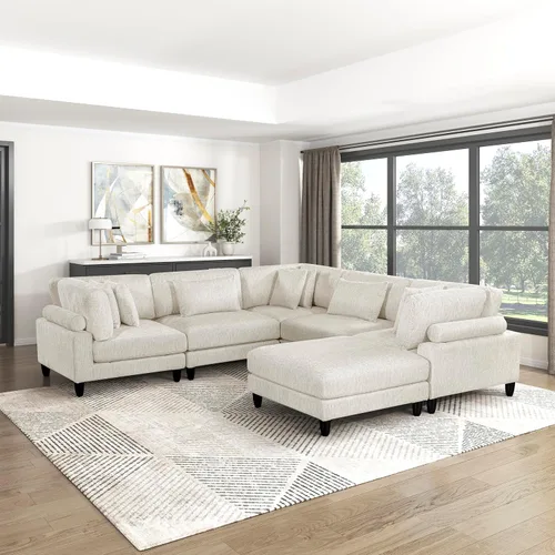 Miniatura 26 de Lexicon Sofá modular de 120 pulgadas, sofá modular de microfibra de gran tamaño de 4 plazas en forma de L, 6 almohadas decorativas y arreglo Beige