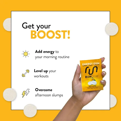 Miniatura 3 de Run Gum Goma de mascar Energy & Focus con sabor a fruta, 50 mg de cafeína por pieza, sin azúcar con taurina y vitaminas B, goma de mascar de acción