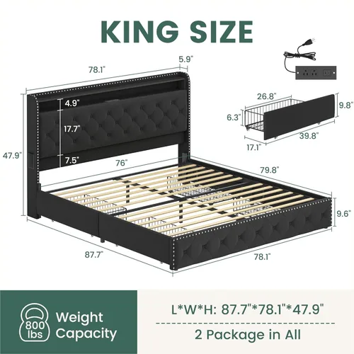 Miniatura 2 de LARMACE Base de cama tamaño King con 4 cajones de almacenamiento, base de cama tapizada de terciopelo, plataforma King con luces LED y estación