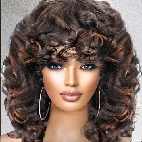 Miniatura 10 de Curly Wigs for Black Women Short Curly Wig with Bangs Soft Bouncy Fluffy Small Curls Heat Resistant Synthetic Wig for Daily Party Use Ombre Brown 14