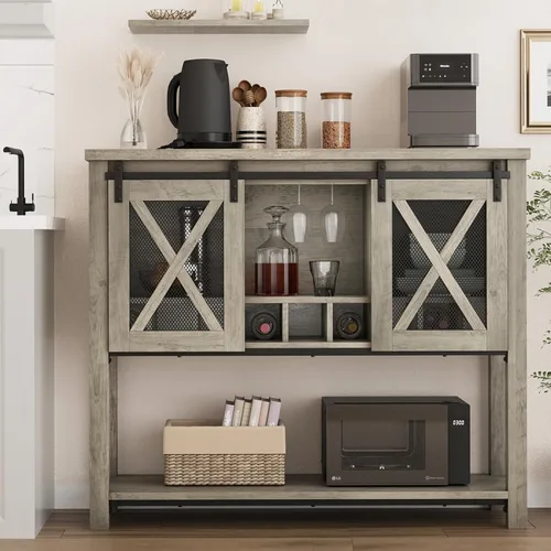 IDEALHOUSE Gabinete de barra de café, armario de almacenamiento de buffet con almacenamiento, gabinete de bar de vino de granja con estante para