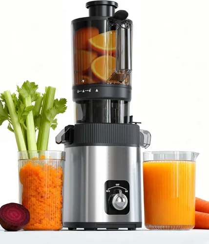 Kndko Exprimidor de prensa en frío con canal de alimentación de 4.35 pulgadas de ancho, máquina de masticación lenta para frutas y verduras enteras,