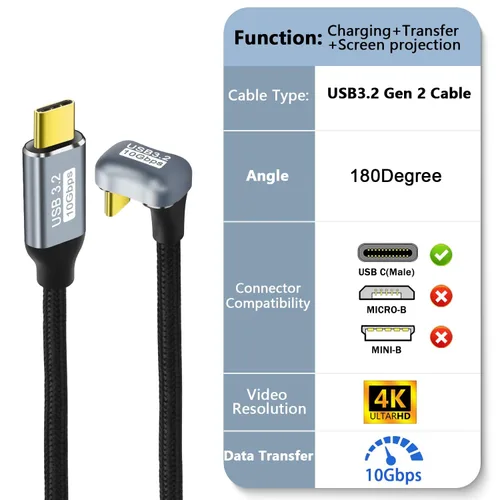 Miniatura 2 de GELRHONR Cable de carga rápida USB C en forma de U, cable USB 3.2 Gen 2 en ángulo de 180 grados, cable de carga tipo C macho a macho PD100W, 10Gbps