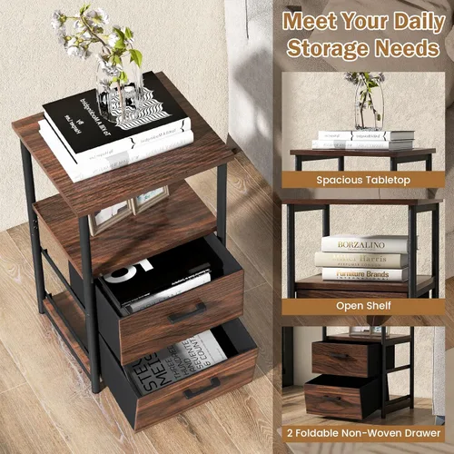 Miniatura 6 de Tangkula Mesita de noche, mesa auxiliar de sofá con estante abierto y 2 cajones, mesa de noche con marco de metal, cómoda de madera con 2 cajones