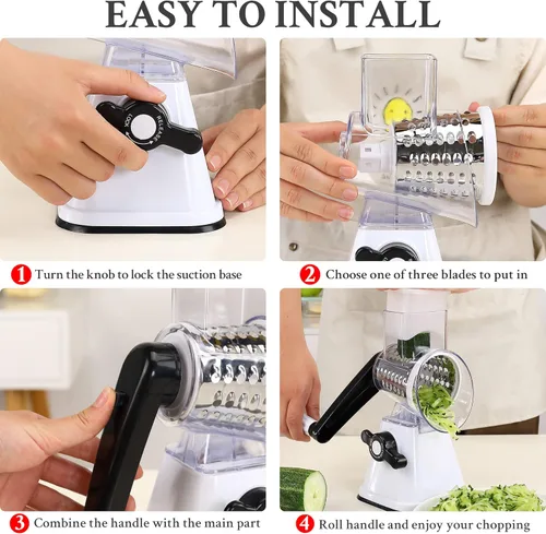 Miniatura 5 de Ralladores de queso con asa, trituradora manual de queso, rallador giratorio con 3 cuchillas de tambor reemplazables para verduras, frutas, Verde