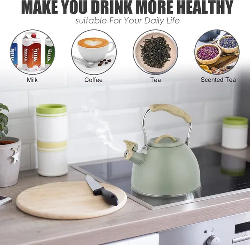 Miniatura 4 de Tetera de 3.0 cuartos de galón para estufa, tetera de acero inoxidable, hervidor de agua de grado alimenticio con mango de madera para café, té
