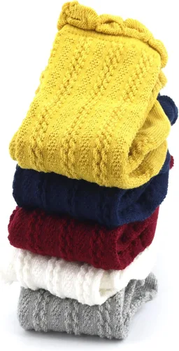 Miniatura 15 de Bestjybt Calcetines altos hasta la rodilla de algodón para bebés y niños pequeños, calcetines de punto trenzado con volantes, 5 pares