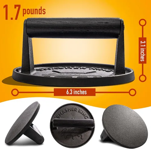 Miniatura 4 de SMASHER KING™ - Prensa de hamburguesa premium de hierro fundido con 25 piezas de papel para hamburguesas, prensa de hamburguesas para plancha