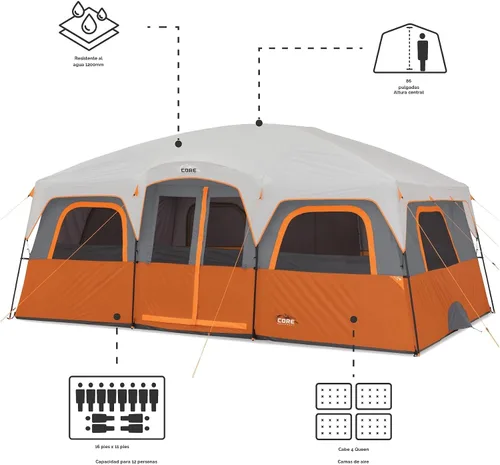 Miniatura 4 de CORE Tienda de campaña para camping familiar 10 personas/11 personas/12 personas grandes para múltiples habitaciones, tiendas de campaña