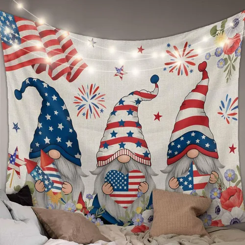 Miniatura 11 de LooPoP Tapiz para colgar en la pared del 4 de julio, con bandera de Estados Unidos, tapices de perros, sombreros estéticos, rayas de amapola