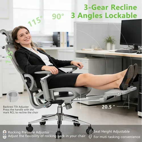 Miniatura 6 de Silla de oficina ergonómica con reposapiés, silla de escritorio de malla de respaldo alto, soporte lumbar y reclinable de 90-135°, reposacabezas 3D