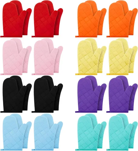 Dandat 16 pares de guantes de horno acolchados con forro de tela de toalla extra largos resistentes al calor, guantes de cocina de algodón para