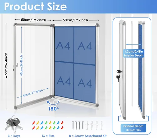 Miniatura 2 de SWANCROWN - Tablero de anuncios con cerradura a prueba de manipulaciones y cerrado para hogar, oficina y escuela, montado en la pared, de tela azul