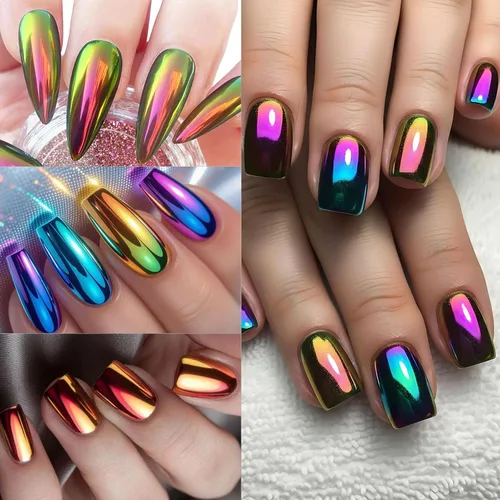 Miniatura 8 de Polvo de uñas cromado camaleón, 4 piezas de pigmento mágico con purpurina para uñas con esponja metálica para frotar polvo Y2K, efecto galaxia
