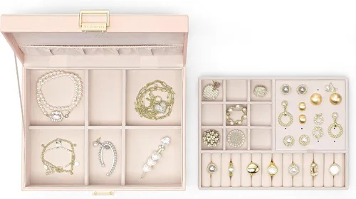 Miniatura 8 de Vlando Joyero de 2 capas grande organizador de joyas para mujeres, bandeja de joyería extraíble para collares, aretes, anillos, pulseras, cajas