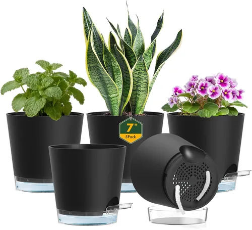 Miniatura 17 de Meowell Macetas de riego automático de 5 pulgadas para plantas de interior, paquete de 5 macetas pequeñas con agujeros de drenaje y depósito