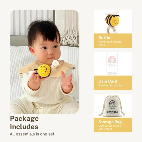 Miniatura 6 de DICHA Crochet Bee Baby Rattle - Juguete sensorial para bebés, ideal para baby shower, incluye anillo de dentición de haya Abeja