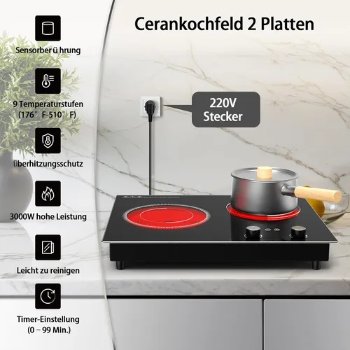 Miniatura 4 de VBGK Cocina eléctrica, estufa eléctrica de 2400 W, encimera y placa caliente integrada con bloqueo de seguridad para niños, temporizador, control