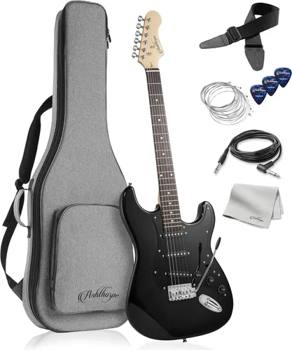 Miniatura 13 de Ashthorpe - Guitarra eléctrica de 39 pulgadas (verde y negro), kit de guitarra de tamaño completo con bolsa acolchada, barra de trémolo, correa