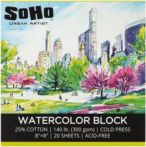 Miniatura 2 de SoHo Urban Artist Bloque de acuarela de 8 x 8 a 140 libras, 20 hojas de prensa en frío, profesional, sostenible, sin ácidos