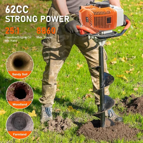 Miniatura 6 de Excavadora de Agujeros para Postes de 62CC Recientemente Mejorada a Gas, Barrena Excavadora de Agujeros para Postes de 2 Tiempos con 2 Brocas