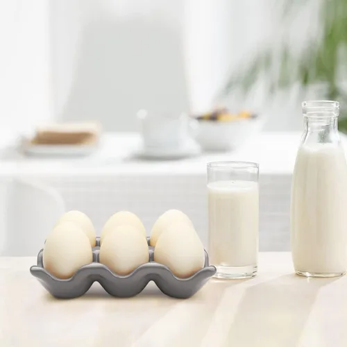 Miniatura 4 de Flexzion Organizador de huevos cerámico para nevera - Bandeja de huevos de 6 tazas, contenedor de porcelana para media docena, organizador de Gris