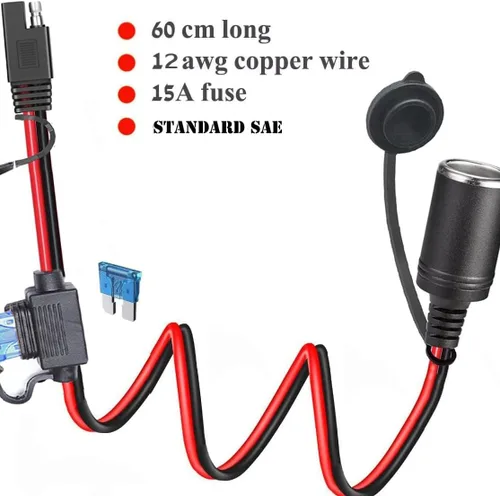 Miniatura 2 de 12AWG Cable de extensión de enchufe de encendedor de cigarrillos hembra para motocicleta, SAE, 12V-24V, para cargadores de batería y accesorios
