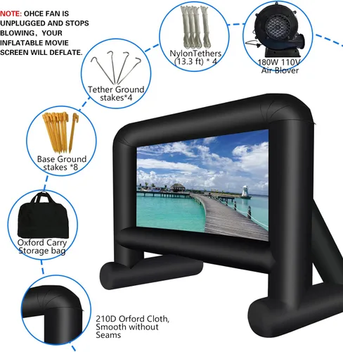 Miniatura 6 de GZKYYLEGS Pantalla de cine inflable de 16 pies para exteriores, pantalla de proyección con soplador de aire, amarres y bolsa de almacenamiento