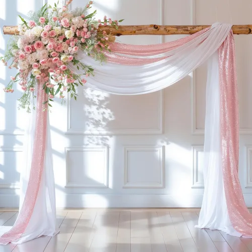 Miniatura 12 de Tela drapeada para arco de boda de 28 x 19 pies, telón de fondo de tela de gasa transparente, 1 panel de cortinas de rosa polvorienta para Cortina
