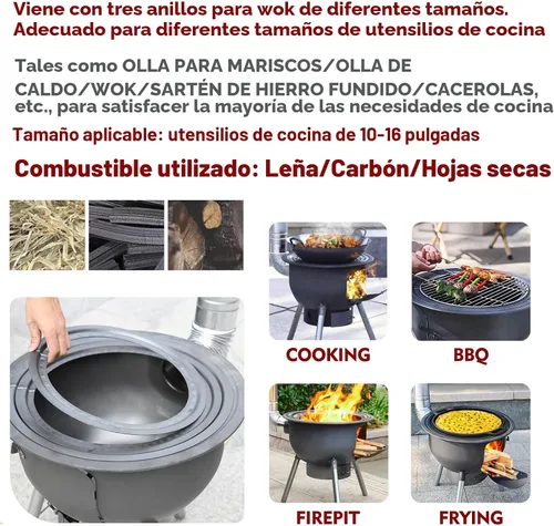 Miniatura 3 de Estufa de leña multifunción con parrilla, parrilla de carbón portátil grande, estufa de cohete de camping para cocinar al aire libre/patio trasero