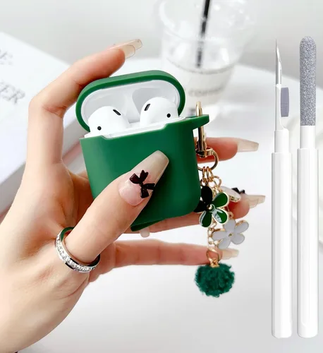 Miniatura 22 de Bonita funda negra para Airpods de 2ª/1ª generación para niñas y mujeres, con llavero de pompón de flores y kit de limpieza, funda protectora tipo