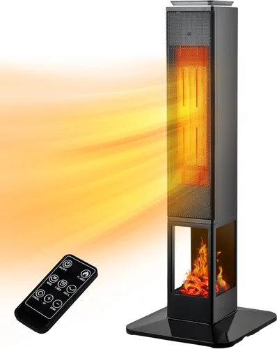 Uthfy Calentadores de espacio eléctricos de 32 pulgadas para uso en interiores con llama, 4 modos, control remoto, termostato, oscilación,