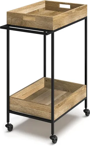 SIMPLIHOME Simons - Carrito de barra de madera maciza de mango de 24 pulgadas de ancho, color natural, para sala de estar, comedor y cocina