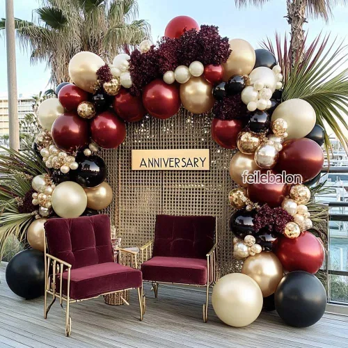 Miniatura 8 de Kit de arco de globos color burdeos y negro, doble relleno, color granate, rojo oscuro, perla, blanco, arena, dorado, guirnalda de globos